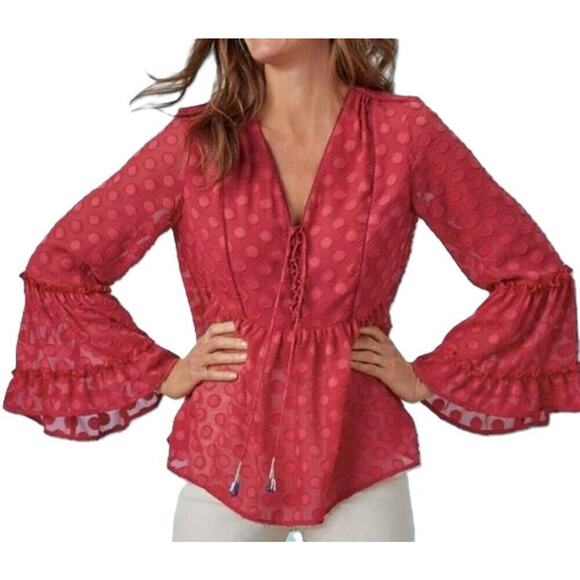 Soft Surroundings Besito Blouse Womens M Red Polka Dot Bell Sleeve 010421 - Picture 1 of 9